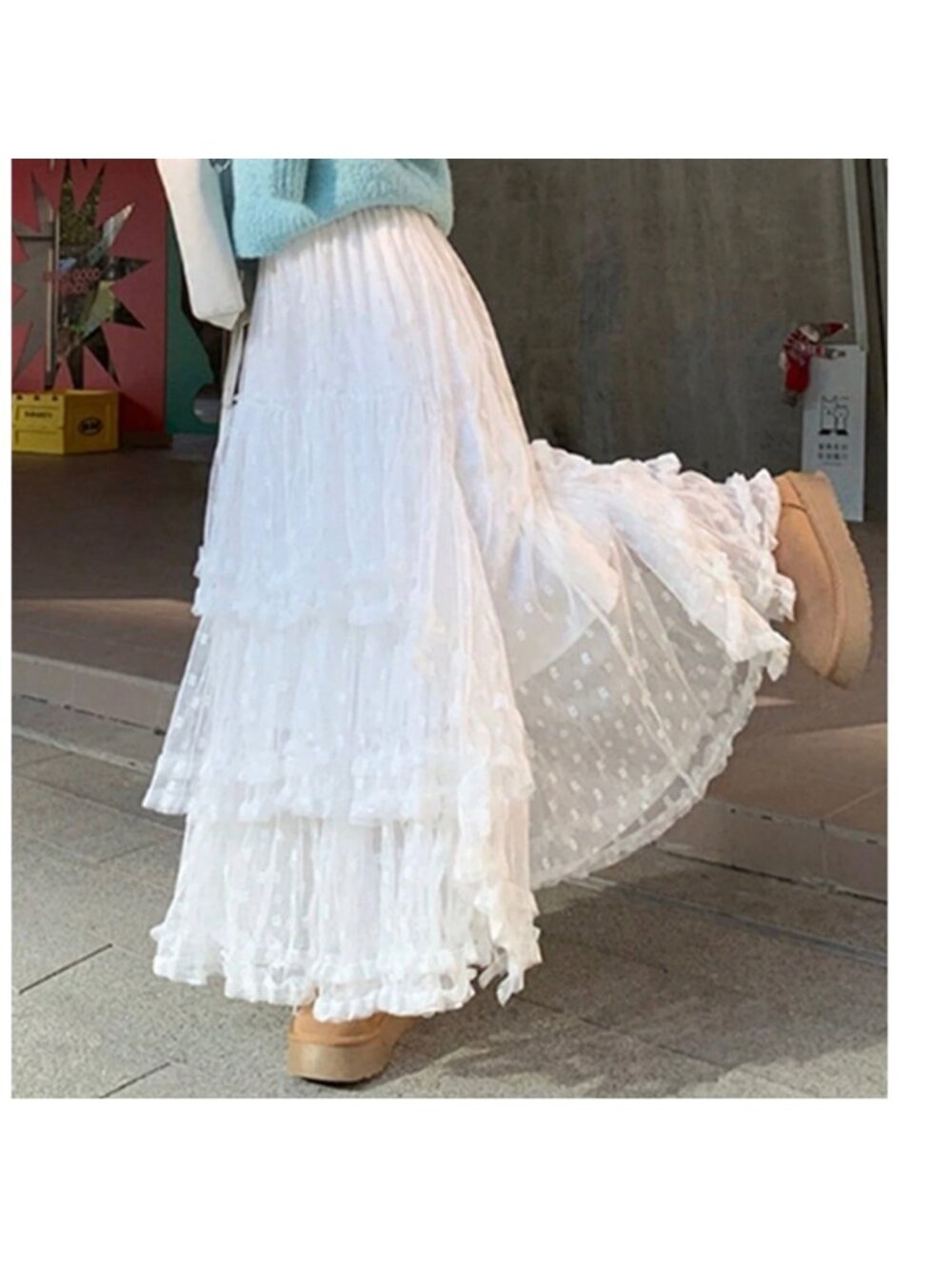 Boho Swiss Dot Lace Stretchy Waist Flared Ruffle Maxi Skirt - Picture 4 of 4